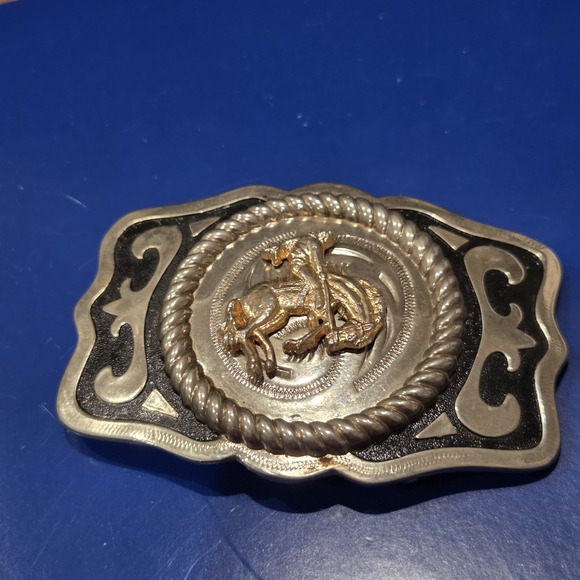 Western Rodeo Bronc Rider Belt Buckle Gold Silver Tone Rope Edge - Picture 6 of 6